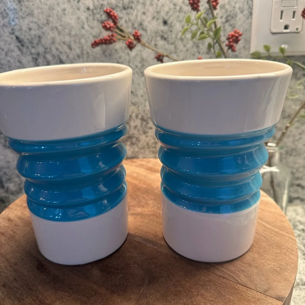 Pier 1 Blue & White Accordion Ribbed Design Stoneware Mug Coffee Tea Set 2